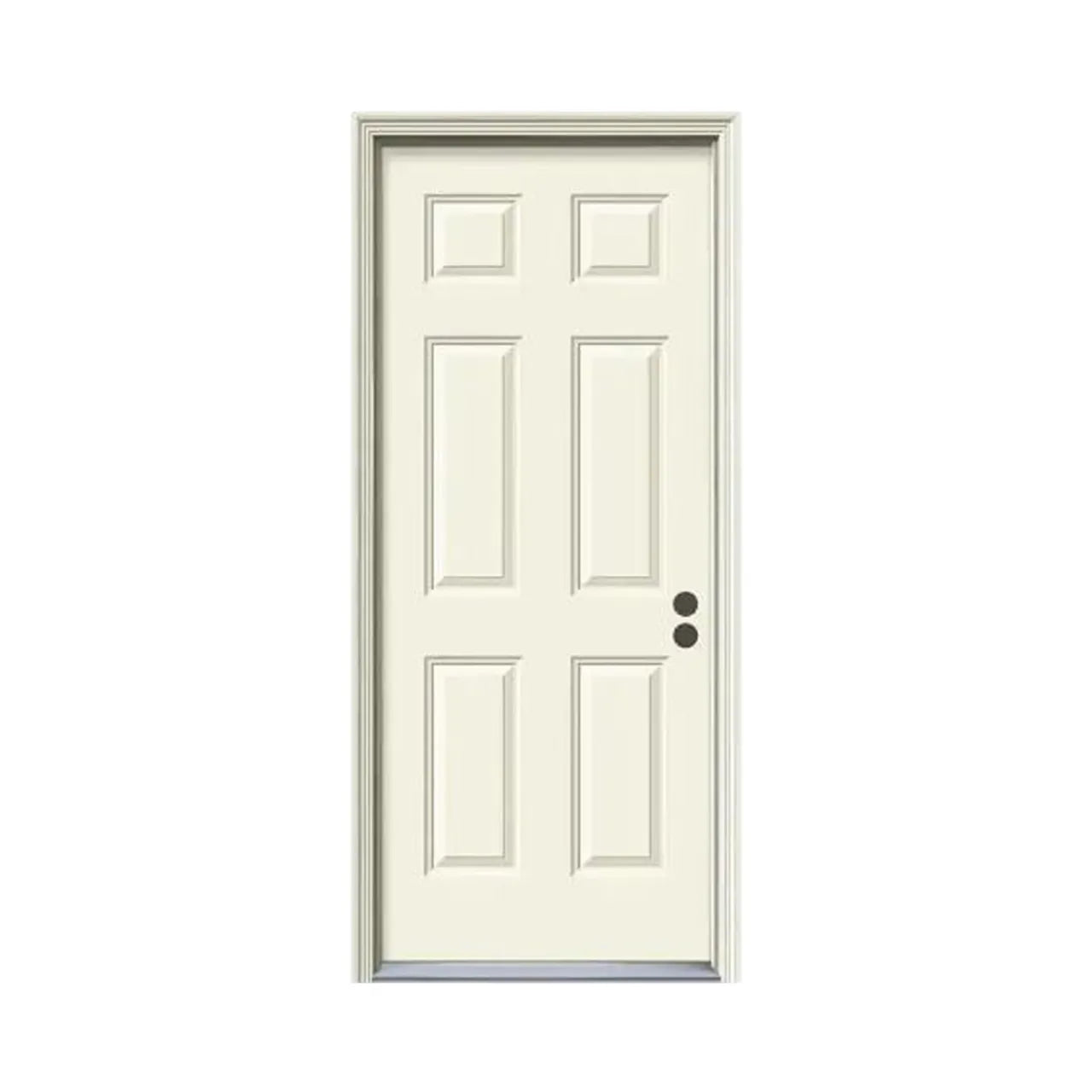 The Go Build 32 in. x 80 in. 6-Panel Primed Steel Prehung Left-Hand Inswing Front Door with Brickmould features a simple white design, easy installation, and pre-drilled holes for handle and lock.